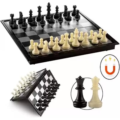 Picture of Highly Vital - Refined Taste - 10" Magnetic & Folding Chess Set - White & Black - Toys & Games - Fun To Have - Modern and Trendy - White & Black