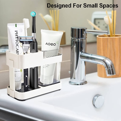 Picture of Portable Travel Plastic Toothbrush and Toothpaste Holder with Cup for Bathroom Countertop storage Organizer - Minimalistic Sophistication - White