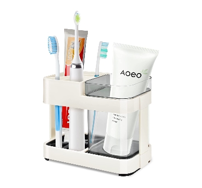 Picture of Portable Travel Plastic Toothbrush and Toothpaste Holder with Cup for Bathroom Countertop storage Organizer - Minimalistic Sophistication - White