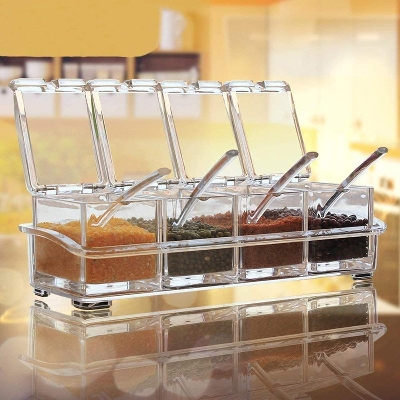 Picture of 4 Pieces Acrylic Crystal Clear Seasoning Spice Box Set with Cover and 4 Spoons for Kitchen Storage Jar - Minimalistic Sophistication - Transparent