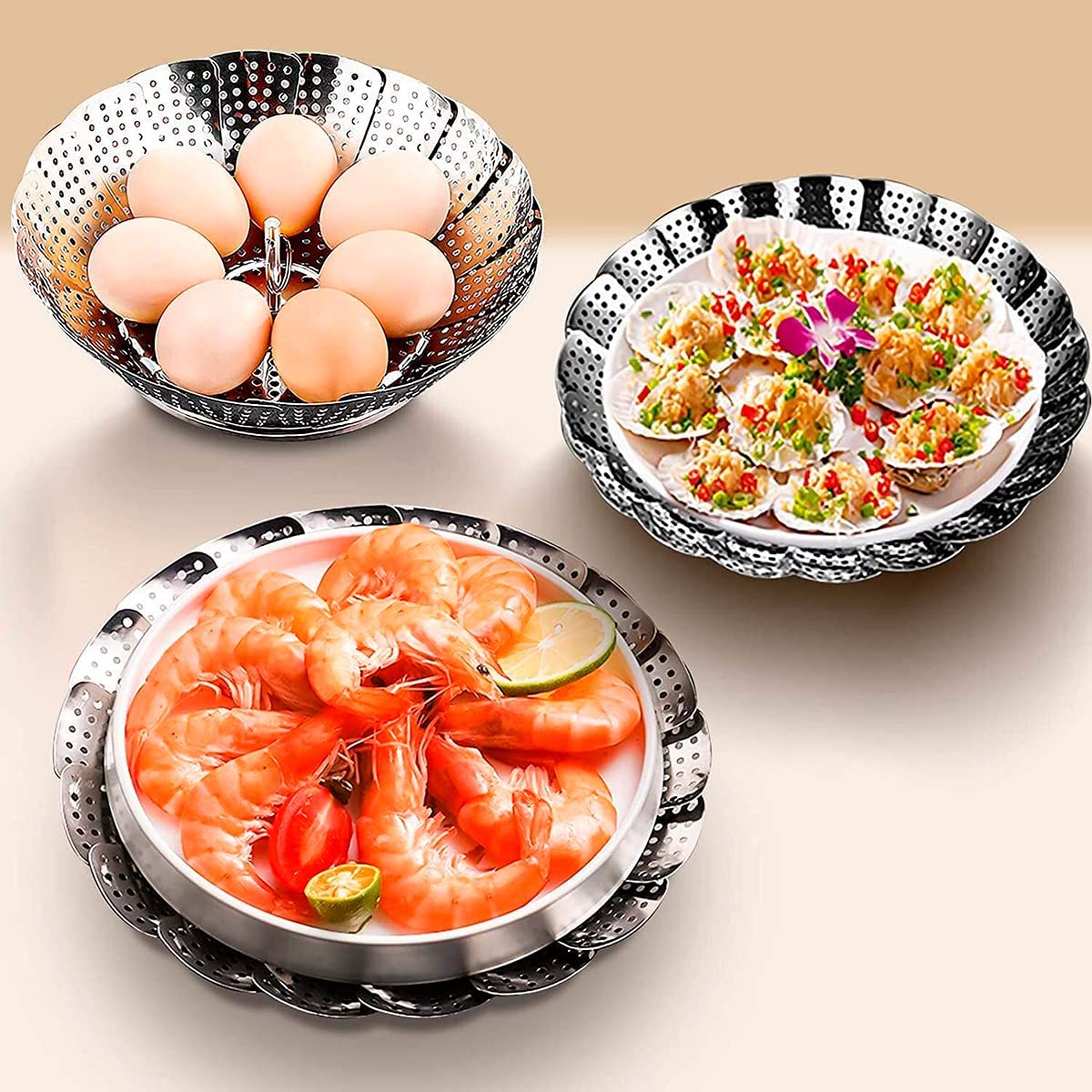Picture of Newfangled - Opulence at Its Best - Stainless Steel Folding Collapsible Vegetable Steamer Basket - Kitchen & Dining - Must Have - Steel