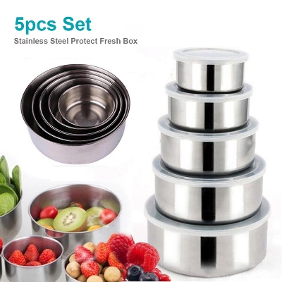 Picture of Stainless Steel Food Storage Box With Food Grade Plastic Cover - 5pcs Set - Steel