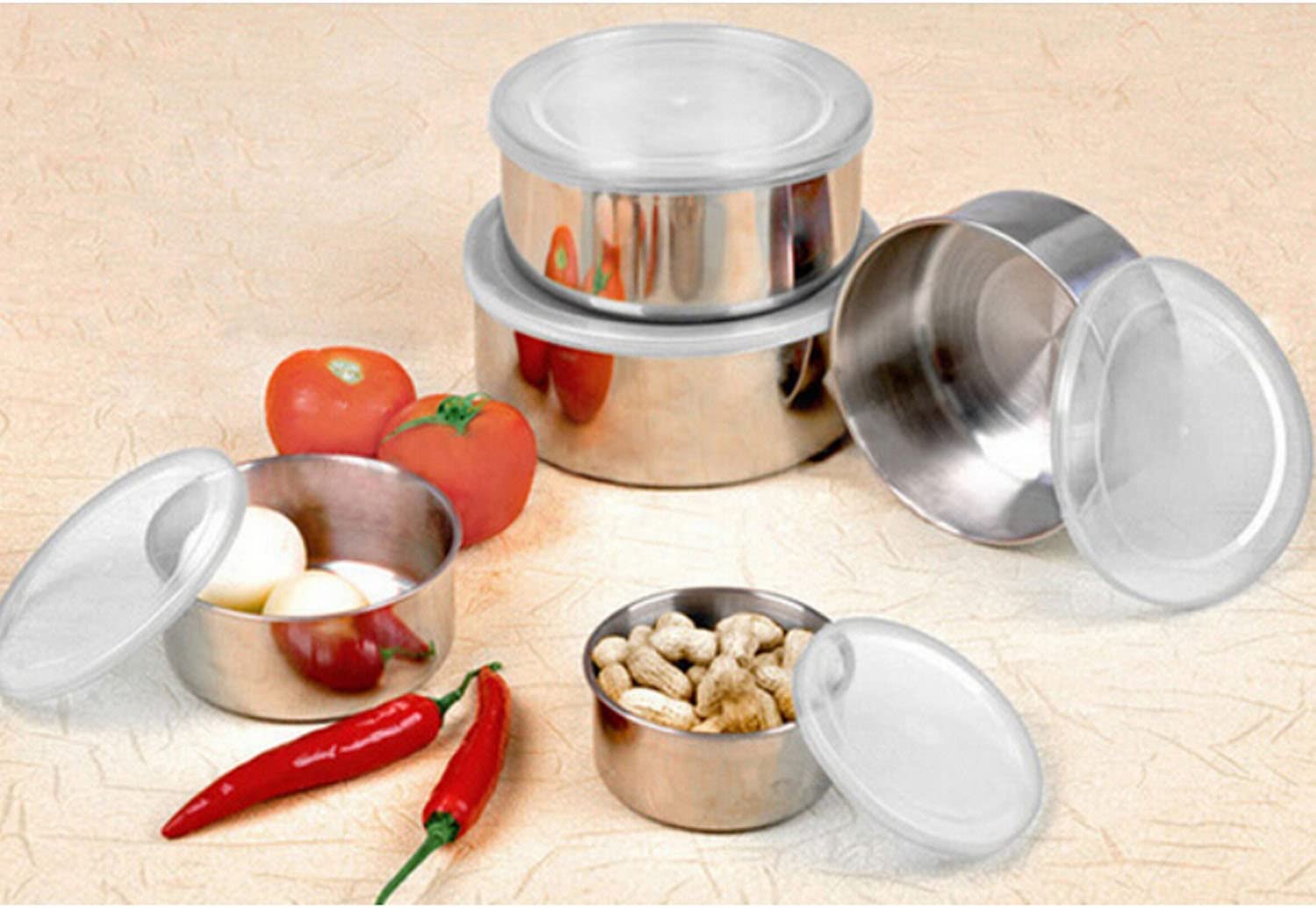 Picture of Stainless Steel Food Storage Box With Food Grade Plastic Cover - 5pcs Set - Steel