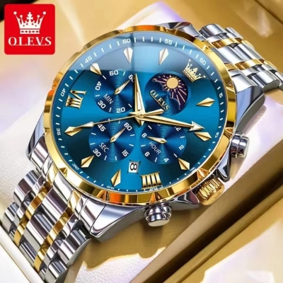 Picture of OLEVS 3653 Moon Phase Chronograph Stainless Steel Men’s Watch-Gold Blue