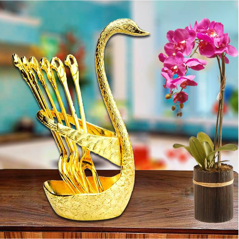 Picture of 6pcs Tea Spoon Set With Swan Stand - Mult-color - Multicolor