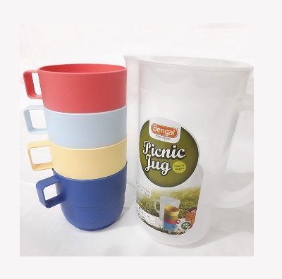 Picture of 4pcs Set Plastic Travel and Picnic Mug with Jug - Multicolor - Multicolor