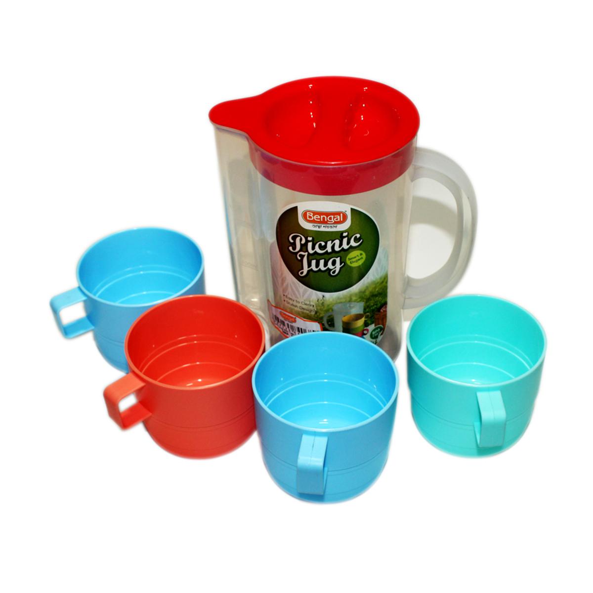 Picture of 4pcs Set Plastic Travel and Picnic Mug with Jug - Multicolor - Multicolor