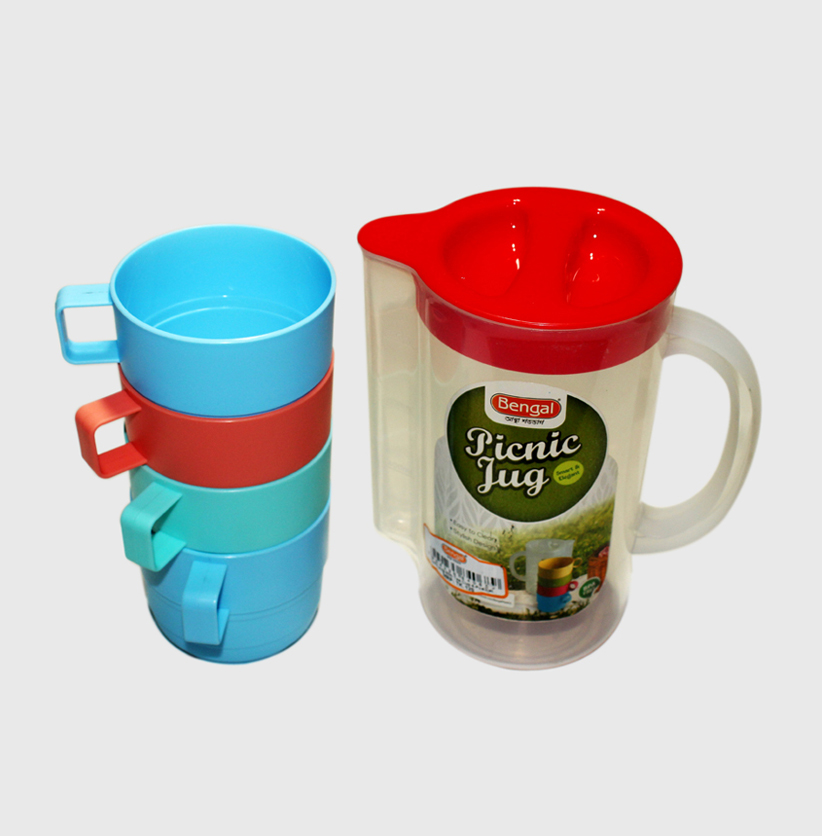 Picture of 4pcs Set Plastic Travel and Picnic Mug with Jug - Multicolor - Multicolor
