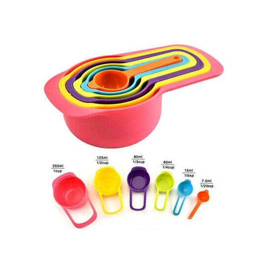 Picture of Plastic Measuring Cup And Spoon Set For Cake Baking And Kitchen Cooking - Multicolor