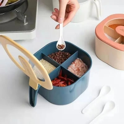 Picture of 4 Section Multi Storage Kitchen Spices Lid Box With Spoons - Multicolor