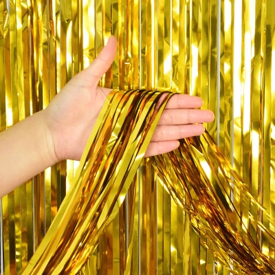 Picture of Golden Foil Metallic Curtain Backdrop For Happy Birthday Party Decoration - Multicolor