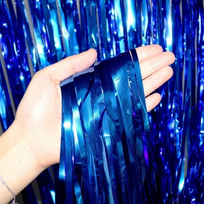Picture of Blue Foil Metallic Curtain Backdrop For Happy Birthday Party Decoration - Multicolor