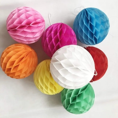 Picture of 5Pcs Tissue Paper Honeycomb Pendant Drop DIY Pom Poms Flower Balls Wedding Party Birthday Home Outdoor Decoration - Multicolor