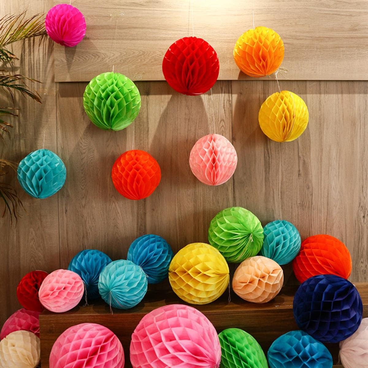 Picture of 5Pcs Tissue Paper Honeycomb Pendant Drop DIY Pom Poms Flower Balls Wedding Party Birthday Home Outdoor Decoration - Multicolor