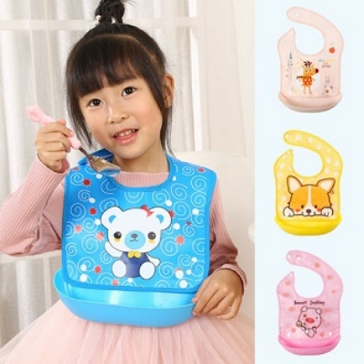 Picture of 1pcs Silicone Removable Waterproof Bib Baby Weaning and Feeding Bib with Pelican Style Pocket - Multicolor