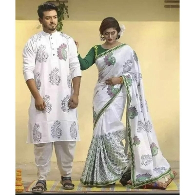 Picture of White Block Print Half Silk Saree and Dupaiyan Panjabi couple Dress for Men and women