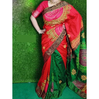Picture of Block Print Black and Red Saree New Collection Fashionable Stylish and Comfortable, Half Silk Saree For Women
