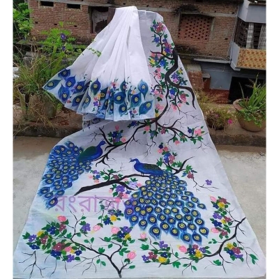 Picture of Hand Print Saree White Color Collection Fashionable Stylish and Comfortable, Half Silk Saree For Women