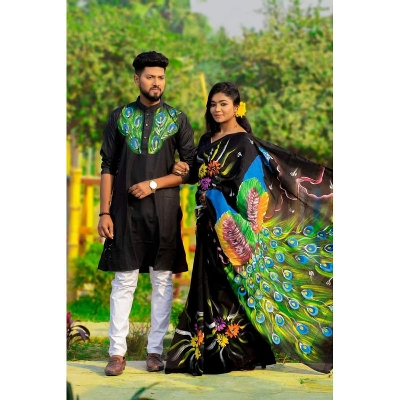 Picture of Black Color Hand Print Half Silk Saree and Dupaiyan Panjabi couple Dress for Men and women - White