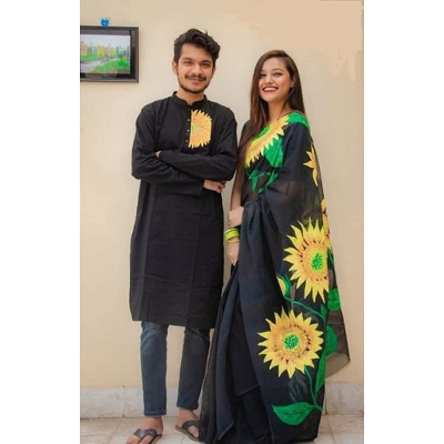 Picture of Black Color Hand Print Half Silk Saree and Dupaiyan Panjabi couple Dress for Men and women - Blue
