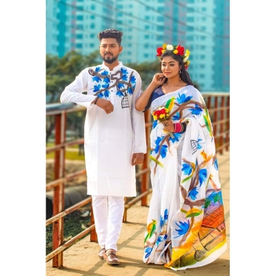 Picture of White Hand Print Half Silk Saree and Dupaiyan Panjabi couple Dress for Men and women