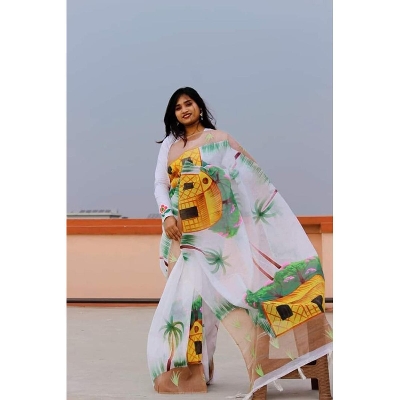 Picture of Hand Print Saree New Orange Colors Collection Fashionable Stylish and Comfortable, Half Silk Saree For Women