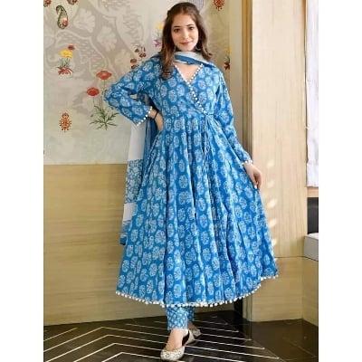 Picture of Readymade Stylish Ladies Dilruba Gown Set Arbit Fabric ambush print Blue color Kurti for women - Blue