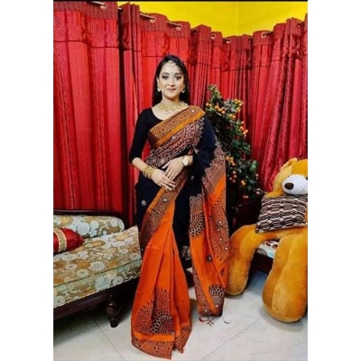 Picture of Block Print Black and Orang Saree New Collection Fashionable Stylish and Comfortable, Half Silk Saree For Women - Blue