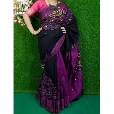 Picture of Block Print Black and Deep maroon Saree New Collection Fashionable Stylish and Comfortable, Half Silk Saree For Women