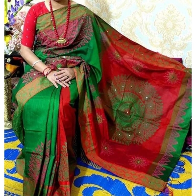 Picture of Block Print Red and Green Saree New Collection Fashionable Stylish and Comfortable, Half Silk Saree For Women