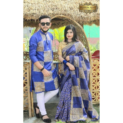 Picture of Block Print Blue Half Silk Saree and Dupaiyan Panjabi couple Dress for Men and women - Don't Blue