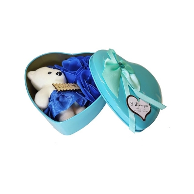 Picture of Heart-Shaped Blue Gift Box with Teddy and Roses Valentine Day Best Love Gift for Girlfriend - gift box Blue