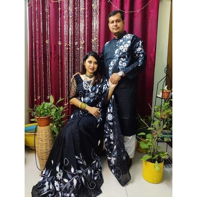 Picture of Black Color Hand Print Half Silk Saree and Dupaiyan Panjabi couple Dress for Men and women - Black