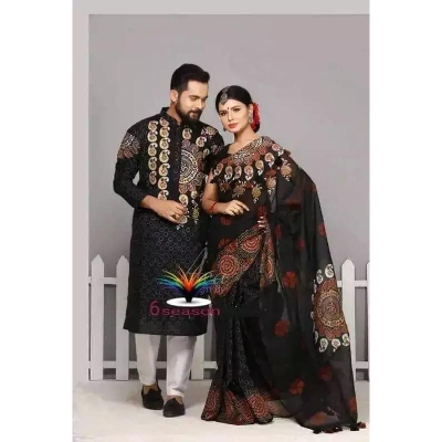 Picture of Black Block Print Half Silk Saree and Dupaiyan Panjabi couple Dress for Men and women