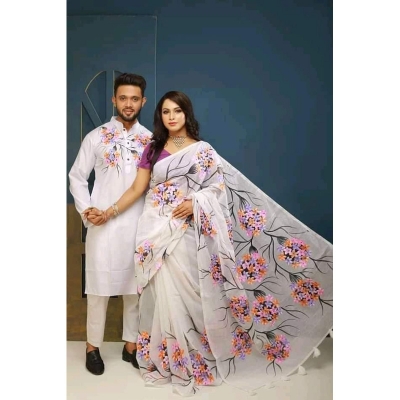 Picture of White Hand Print Half Silk Saree and Dupaiyan Panjabi couple Dress for Men and women
