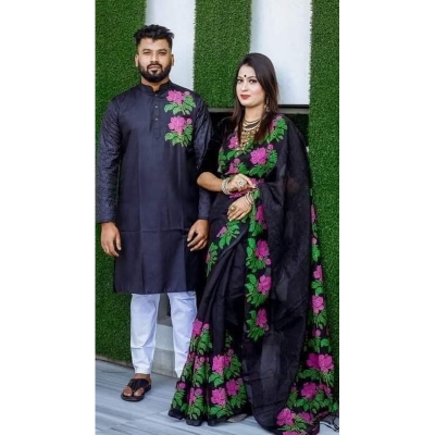 Picture of Black color Hand Print Half Silk Saree and Dupaiyan Panjabi couple Dress for Men and women