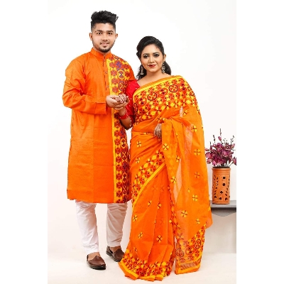Picture of Orange Color Block Print Dhupion Saree and Dupaiyan Panjabi couple Dress for Men and women