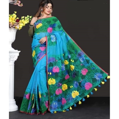 Picture of Hand Print Saree Blue Color Collection Fashionable Stylish and Comfortable, Half Silk Saree For Women