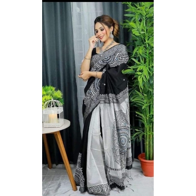 Picture of Block Print Black and Ash Saree New Collection Fashionable Stylish and Comfortable, Half Silk Saree For Women