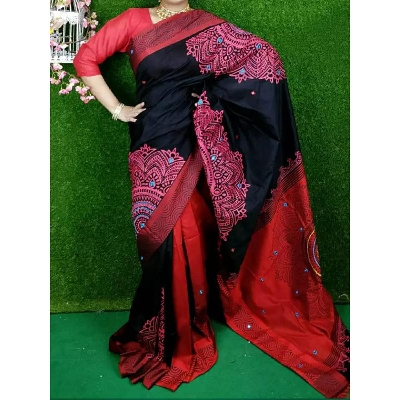 Picture of Block Print Black and Black Saree New Collection Fashionable Stylish and Comfortable, Half Silk Saree For Women