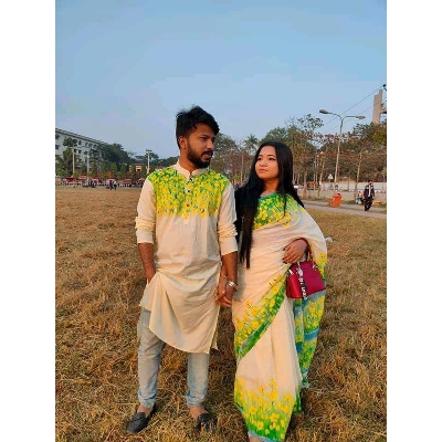 Picture of Pink Hand Print Half Silk Saree and Dupaiyan Panjabi couple Dress for Men and women