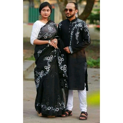Picture of Black Hand Print Half Silk Saree and Dupaiyan Panjabi couple Dress for Men and women
