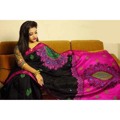 Picture of Block Print Black and Black Saree New Collection Fashionable Stylish and Comfortable, Half Silk Saree For Women