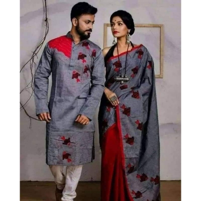 Picture of Ashcolor Hand Print Half Silk Saree and Dupaiyan Panjabi couple Dress for Men and women