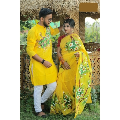 Picture of Yellow Hand Print Half Silk Saree and Dupaiyan Panjabi couple Dress for Men and women
