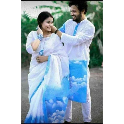 Picture of White and Blue Hand Print Half Silk Saree and Dupaiyan Panjabi couple Dress for Men and women