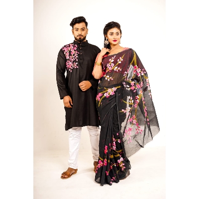 Picture of Black Hand Print Half Silk Saree and Dupaiyan Panjabi couple Dress for Men and women