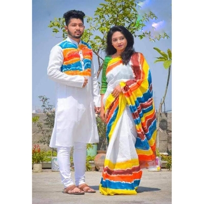 Picture of Multicolor Hand Print Half Silk Saree and Dupaiyan Panjabi couple Dress for Men and women