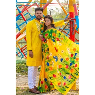 Picture of Yellow Color Hand Print Half Silk Saree and Dupaiyan Panjabi couple Dress for Men and women