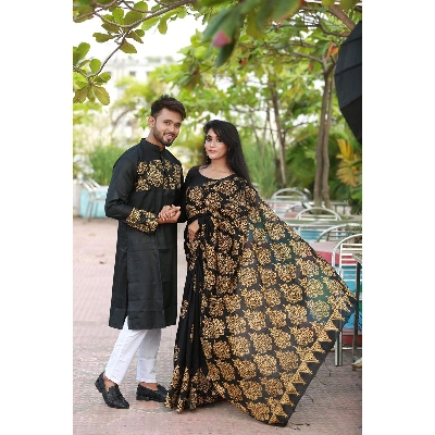 Picture of Black color Block Print Half Silk Saree and Dupaiyan Panjabi couple Dress for Men and women